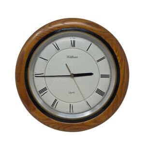 Vintage Waltham Quartz Wall Clock Oak Frame Roman Numerals Glass Lens